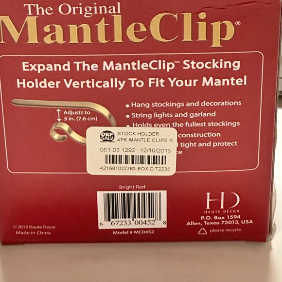 The Original MantleClip Christmas Stocking
Holder 4-Count Bright Red - Picture 3 of 6